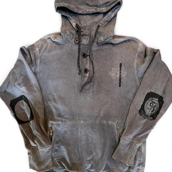 Diesel Light Military Hoodie XL – Vintage Washed Gray Pullover with Y2K 00s - Picture 1 of 8